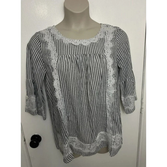 Womens Suzanne Betro Striped Cotton Blouse with Lace detailing Size L #1149 - Picture 1 of 10